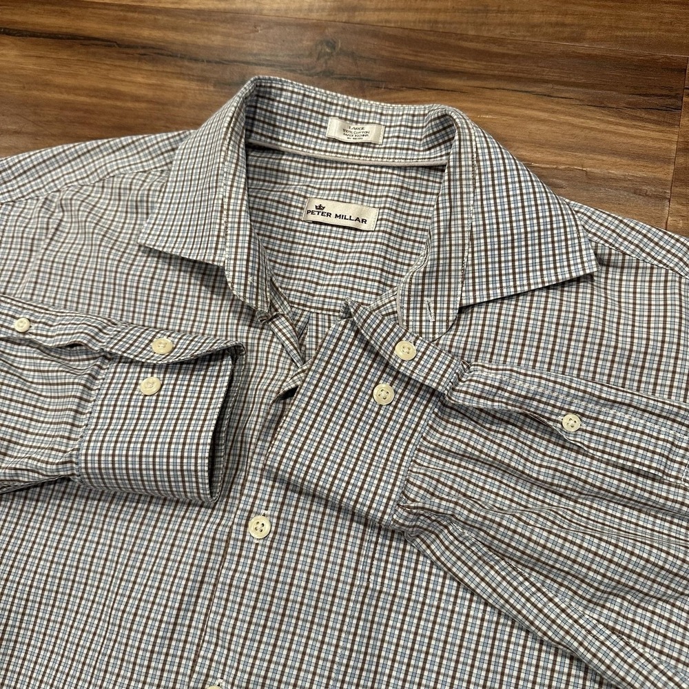 Peter Millar Shirt Mens Large Blue Brown Check Long Sleeve Button Front Casual